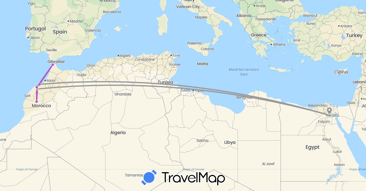 TravelMap itinerary: bus, plane, train in Egypt, Morocco (Africa)